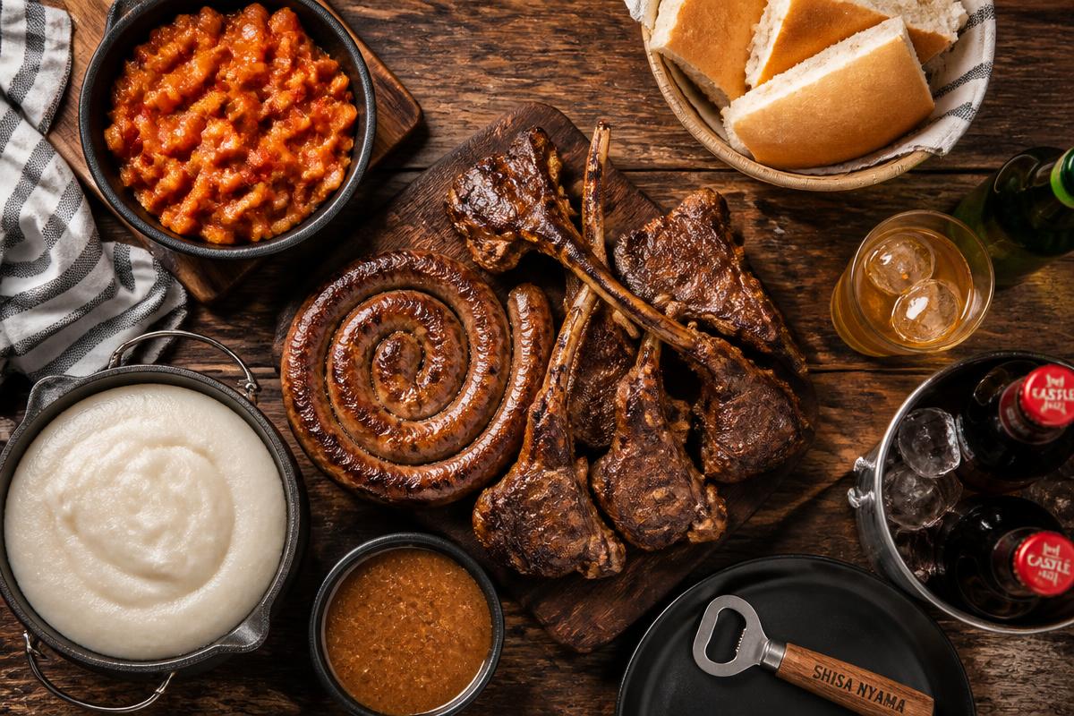 A spread of grilled meats, pap, chakalaka, and bread at Selala Shisanyama
